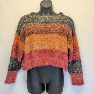 Forever 21 Contemporary Color Block Stripe Metallic Sweater Fuzzy Crop R…